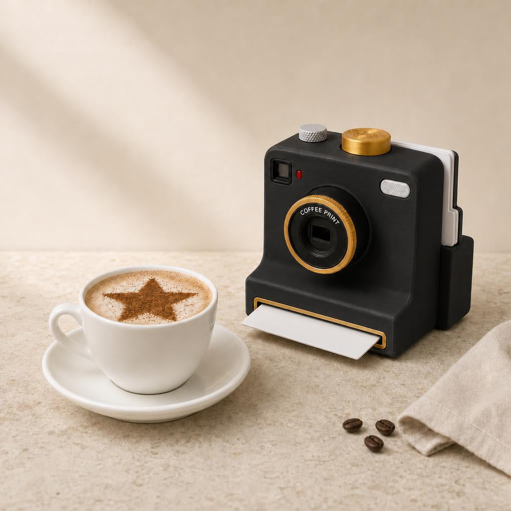 Latte Cam en negro junto a un capuchino
