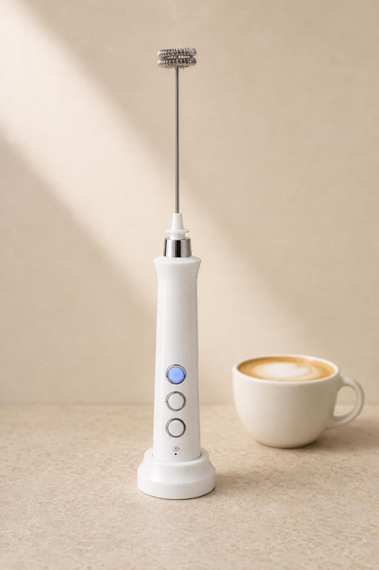 Espumador de leche recargable blanco junto a un capuchino