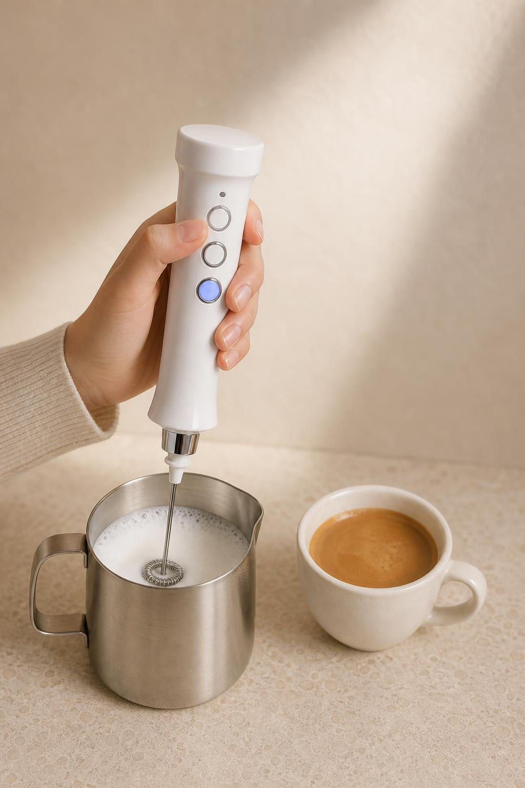 Espumando leche con el espumador recargable