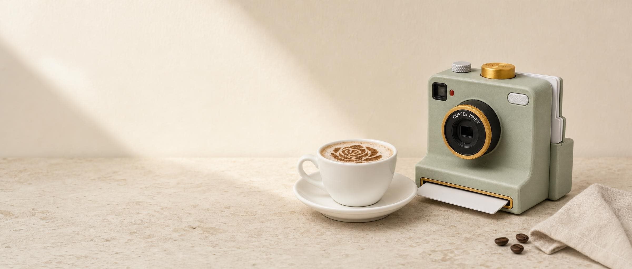 Latte Cam junto a un capuchino con una rosa de cacao